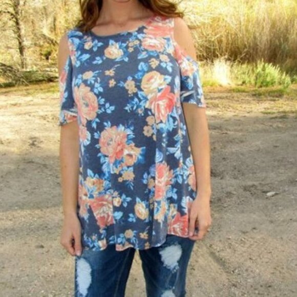 Denim Blue Floral Cold Shoulder Top Drop Sleeve - Picture 1 of 2